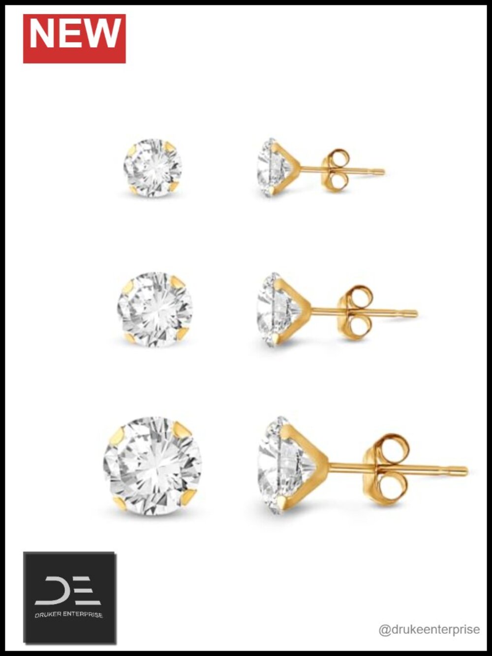 10K White and Yellow Gold 3 Pair Stud Earrings Set with Cubic Zirconia for Women